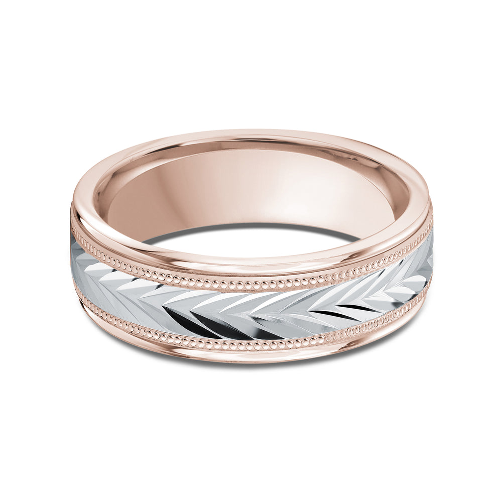 Two Tone Chevron Milgrain Men's Band with 18KT Rose & White Gold / 7 Cut Diamond in 14KT Rose & White Gold / 7 view 1
