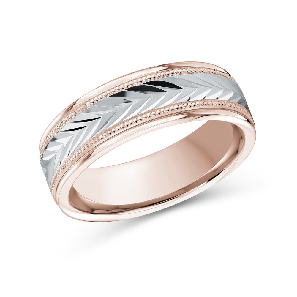Two Tone Chevron Milgrain Men's Band with 18KT Rose & White Gold / 7 Cut Diamond in 14KT Rose & White Gold / 7 view 2
