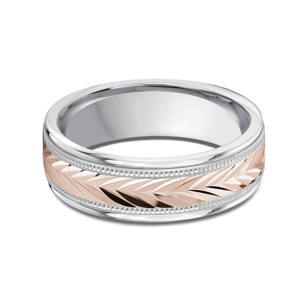 Two Tone Chevron Milgrain Men's Band with 18KT White & Rose Gold / 7 Cut Diamond in 14KT White & Rose Gold / 7 view 1
