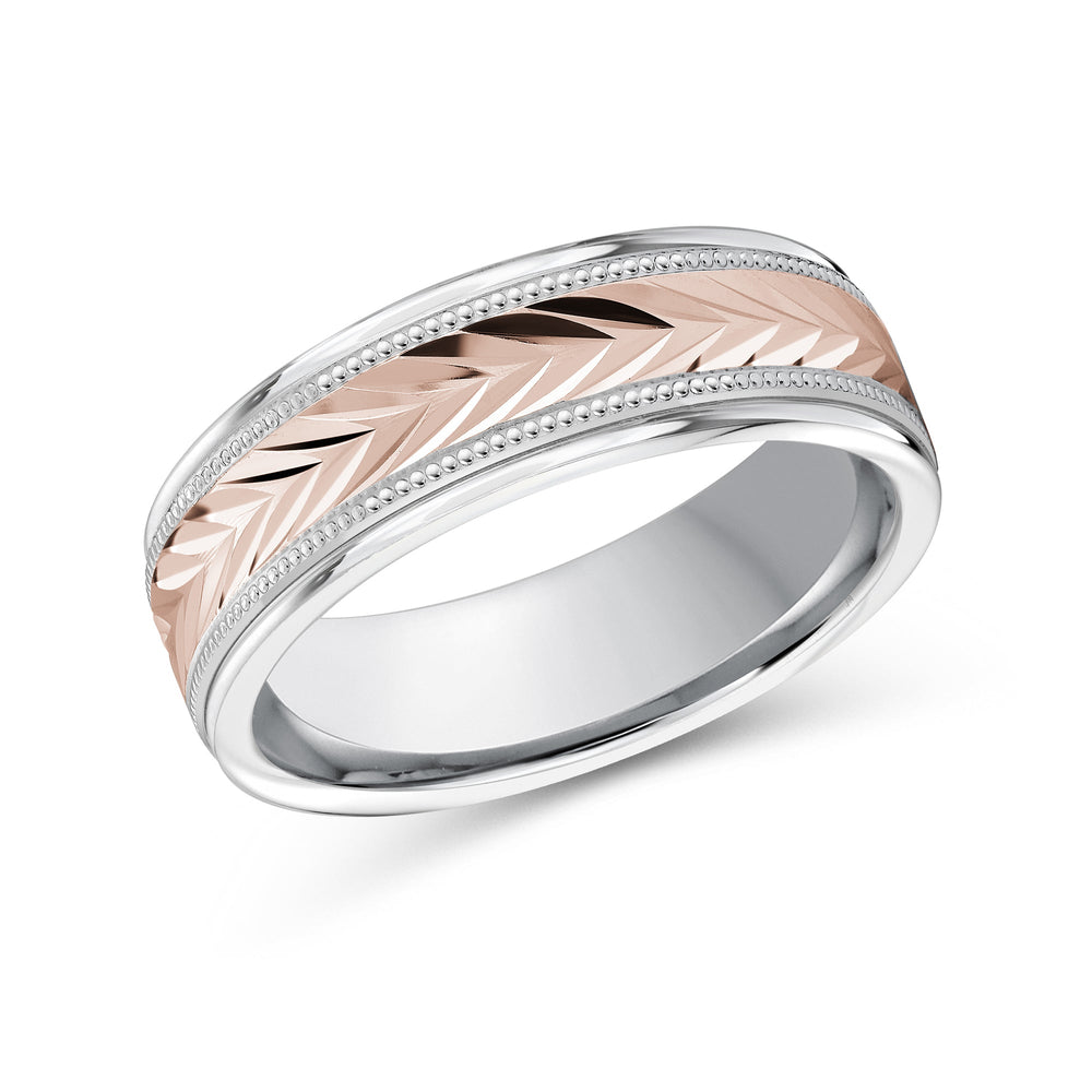 Two Tone Chevron Milgrain Men's Band with 18KT White & Rose Gold / 7 Cut Diamond in 14KT White & Rose Gold / 7 view 2
