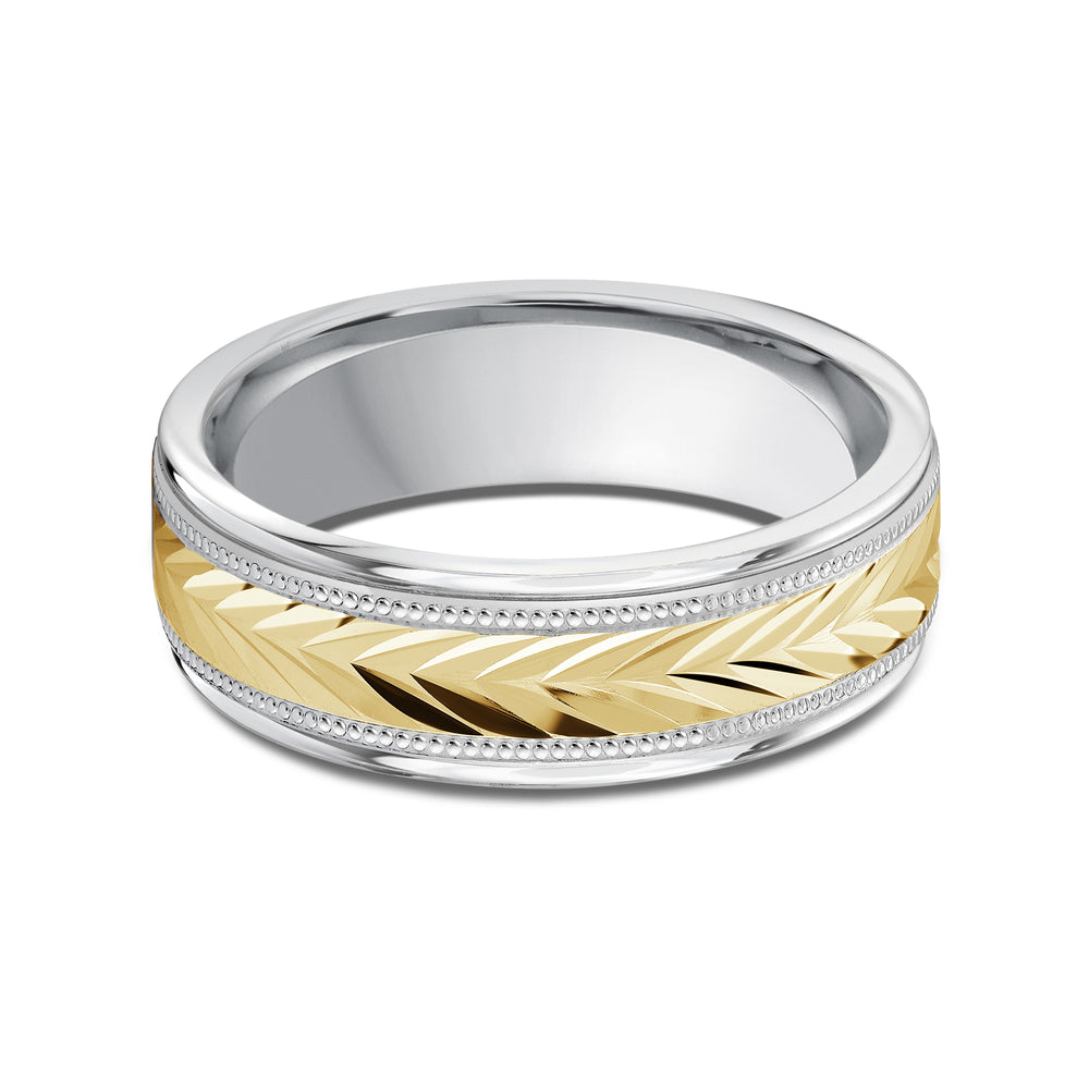 Two Tone Chevron Milgrain Men's Band with 18KT White & Yellow Gold / 7 Cut Diamond in 14KT White & Yellow Gold / 7 view 1
