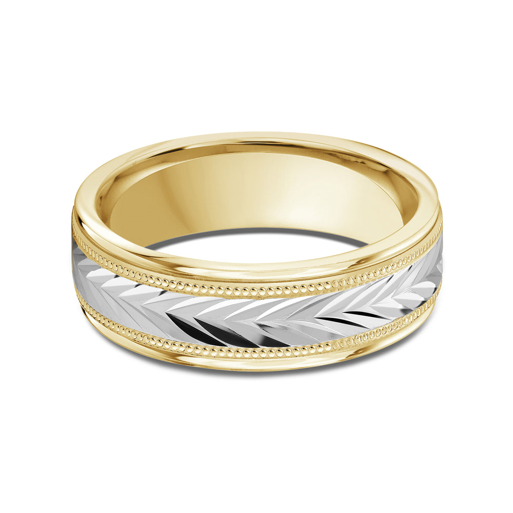 Two Tone Chevron Milgrain Men's Band with 18KT Yellow & White Gold / 7 Cut Diamond in 14KT Yellow & White Gold / 7 view 1
