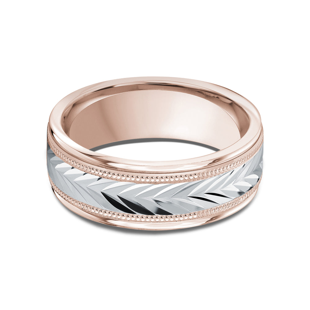 Two Tone Chevron Milgrain Men's Band with 18KT Rose & White Gold / 8 Cut Diamond in 14KT Rose & White Gold / 8 view 1

