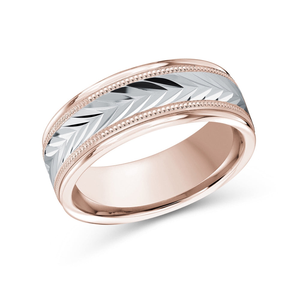 Two Tone Chevron Milgrain Men's Band with 18KT Rose & White Gold / 8 Cut Diamond in 14KT Rose & White Gold / 8 view 2
