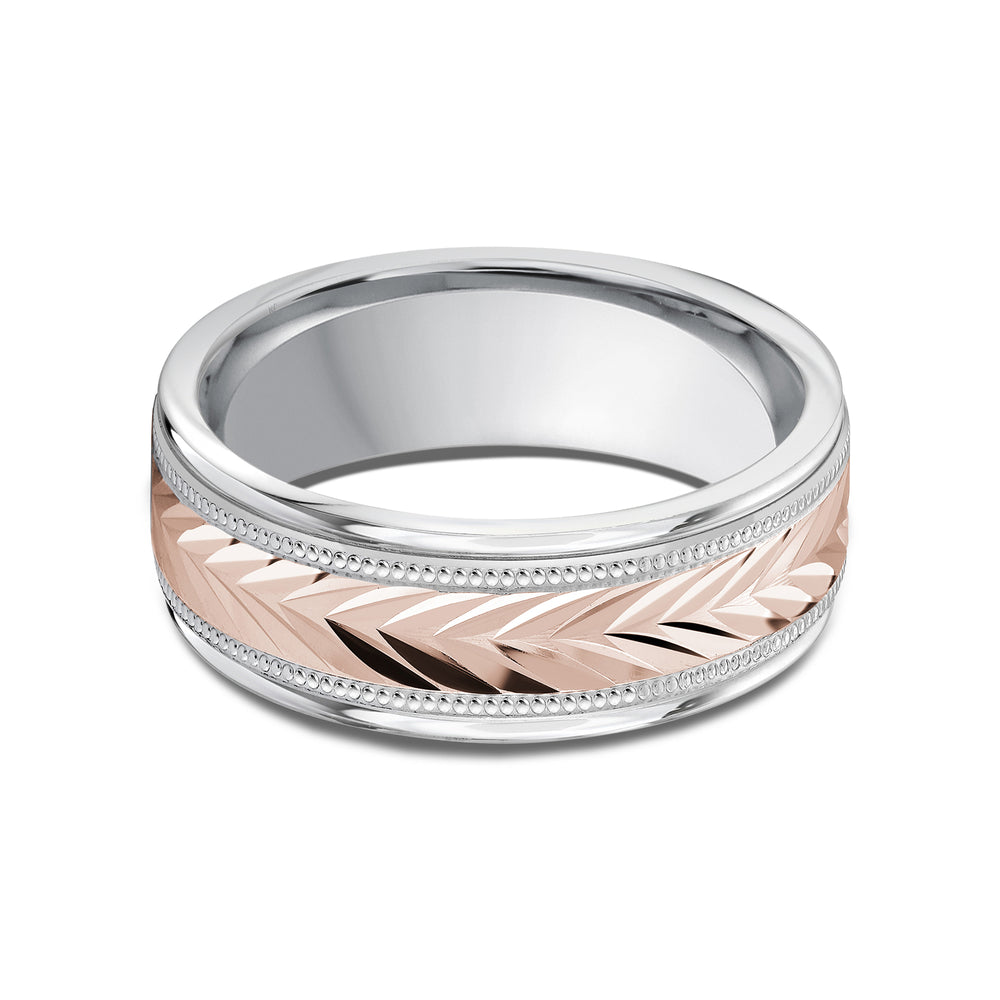 Two Tone Chevron Milgrain Men's Band with 18KT White & Rose Gold / 8 Cut Diamond in 14KT White & Rose Gold / 8 view 1
