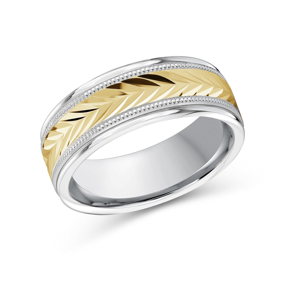 Two Tone Chevron Milgrain Men's Band with 18KT White & Yellow Gold / 8 Cut Diamond in 14KT White & Yellow Gold / 8 view 2
