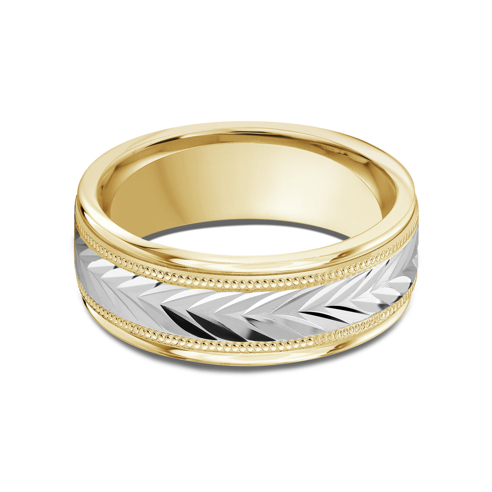 Two Tone Chevron Milgrain Men's Band with 18KT Yellow & White Gold / 8 Cut Diamond in 14KT Yellow & White Gold / 8 view 1
