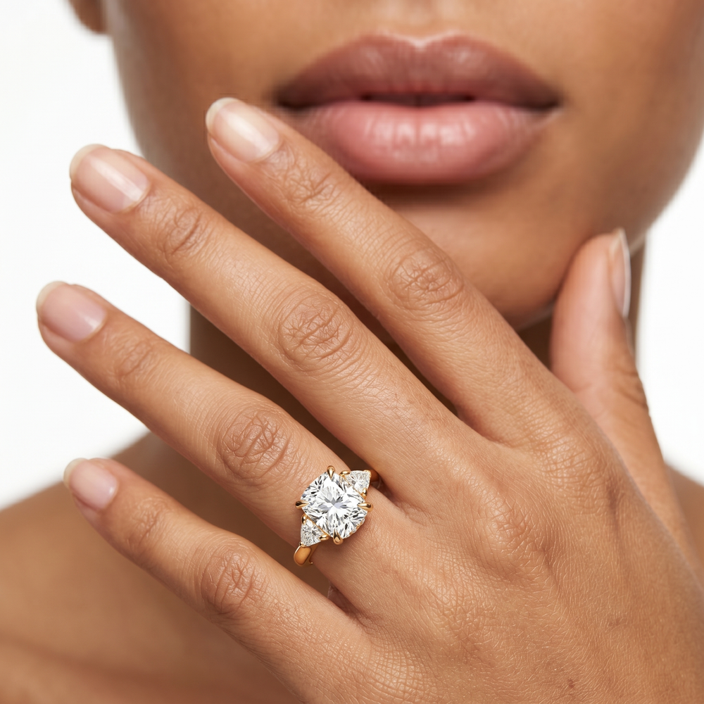 Elegance Trillion Side Stone Engagement Ring with Elongated Cushion Cut Diamond in 14KT Rose Gold view 8
