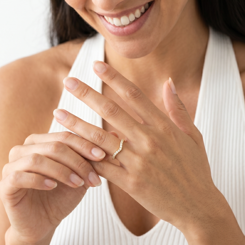 Elegance Trillion Side Stone Diamond Wedding Band with 18KT Rose Gold Cut Diamond in 14KT Rose Gold view 2
