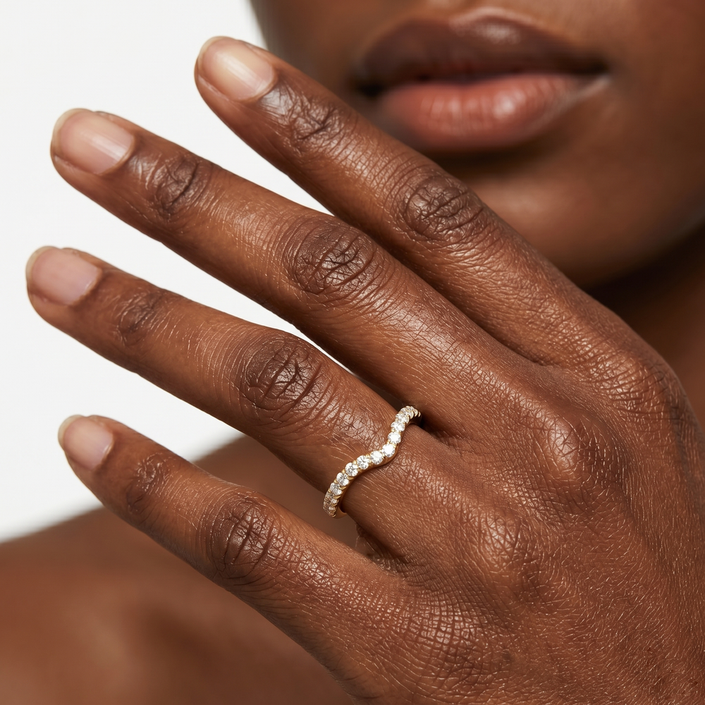 Elegance Half Moon Side Stone Diamond Wedding Band with 18KT Rose Gold Cut Diamond in 14KT Rose Gold view 2
