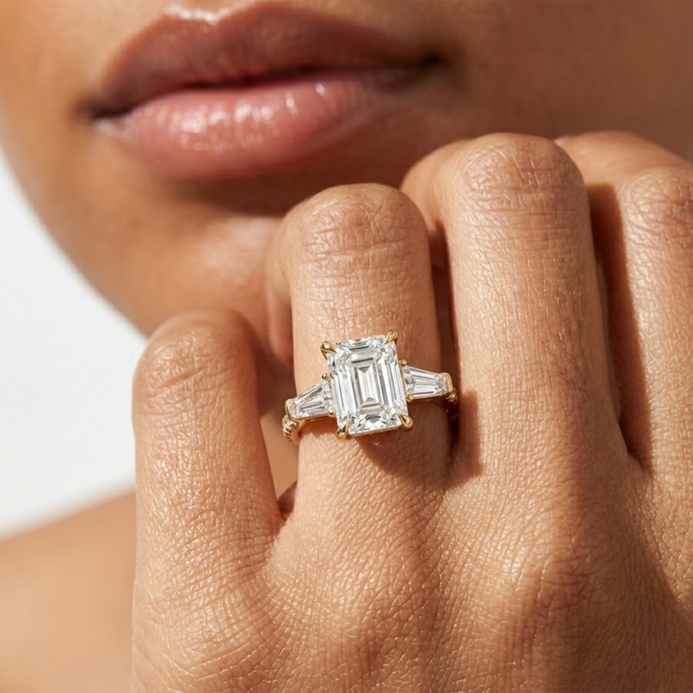 The W Horizon Engagement Ring with Emerald Cut Diamond in 14KT Platinum view 3
