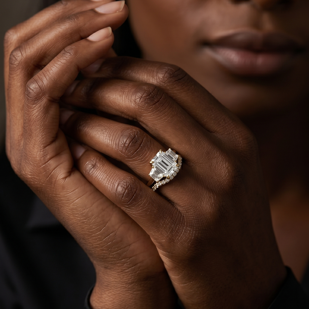Elegance Trapezoid Side Stone Diamond Wedding Band with 18KT Rose Gold Cut Diamond in 14KT Rose Gold view 7

