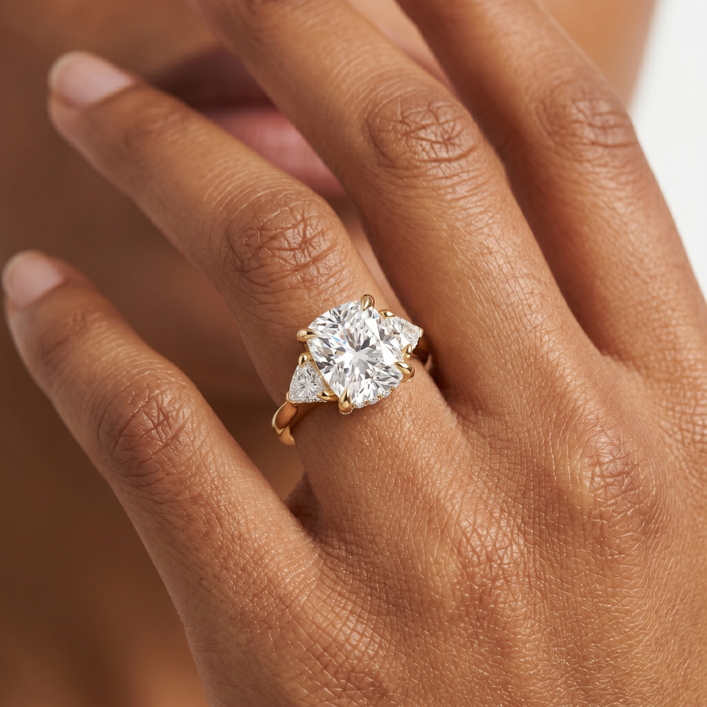 Elegance Trillion Side Stone Engagement Ring with Oval Cut Diamond in 14KT Yellow Gold view 3
