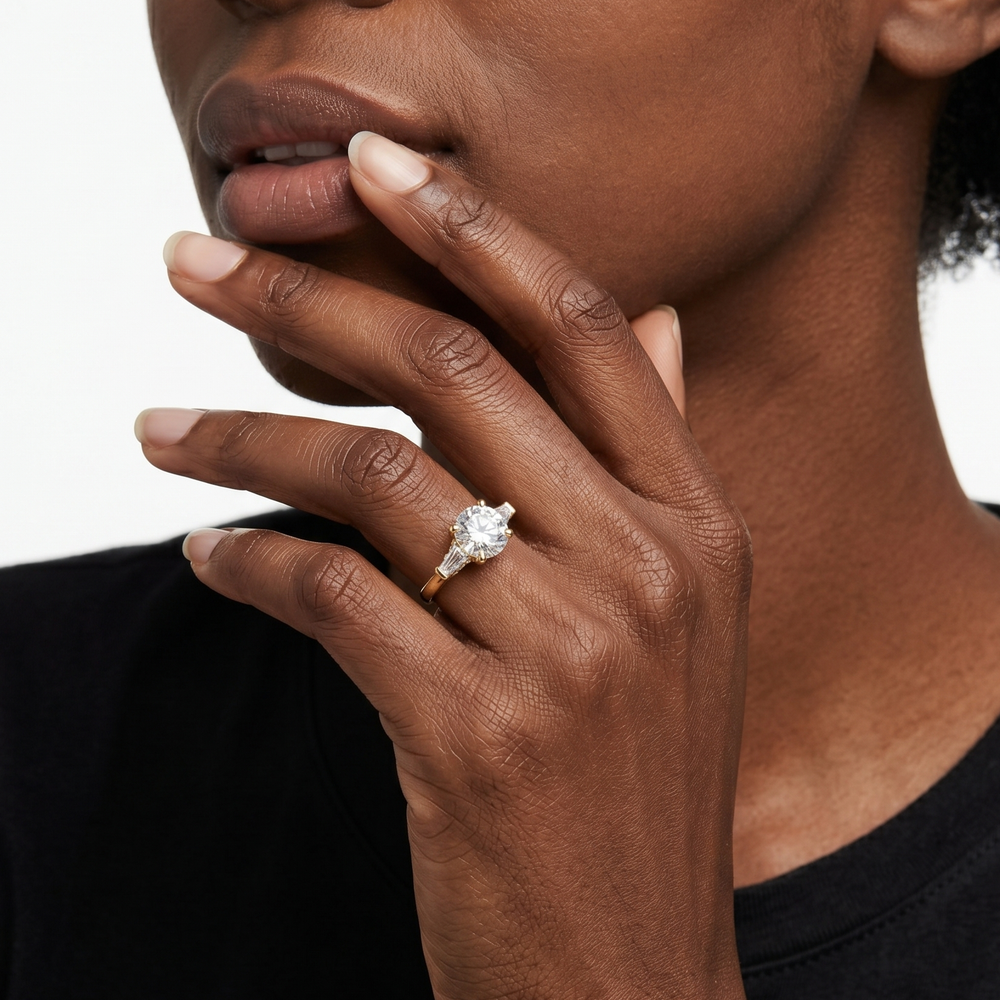 Elegance Baguette Three Stone Engagement Ring with Round Cut Diamond in 14KT Yellow Gold view 7
