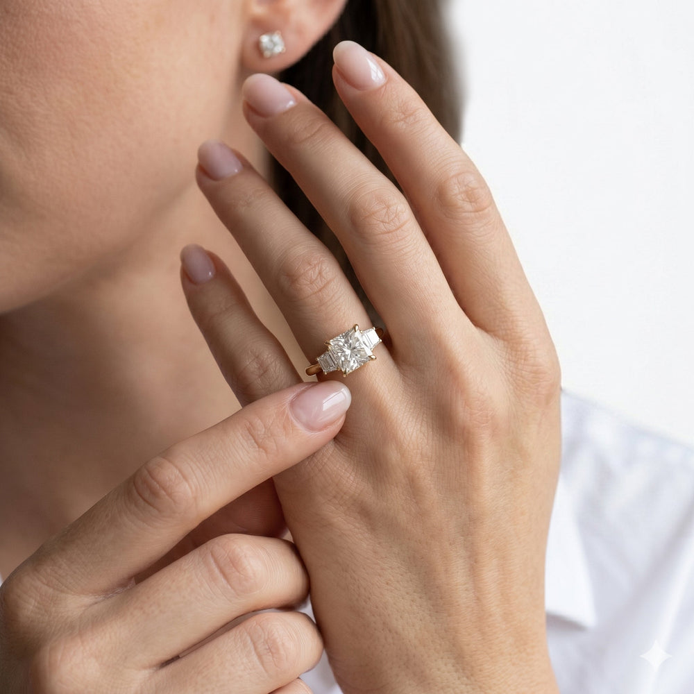 Elegance Trapezoid Side Stone Engagement Ring with Princess Cut Diamond in 14KT Yellow Gold view 4
