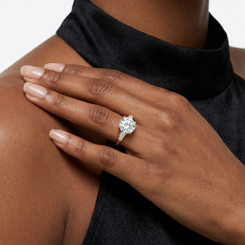 Elegance Baguette Three Stone Engagement Ring with Emerald Cut Diamond in 14KT Rose Gold view 4
