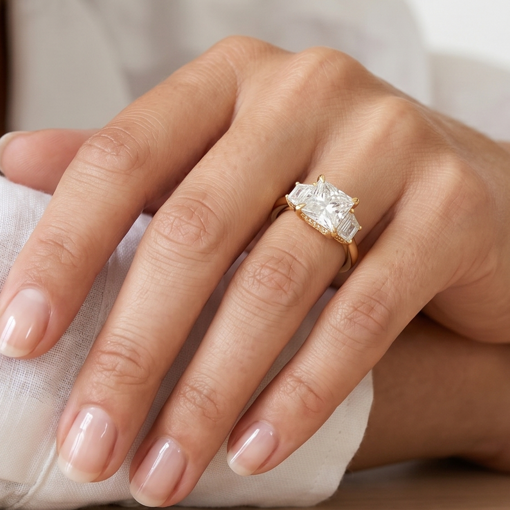 Elegance Trapezoid Side Stone Engagement Ring with Emerald Cut Diamond in 14KT Platinum view 3
