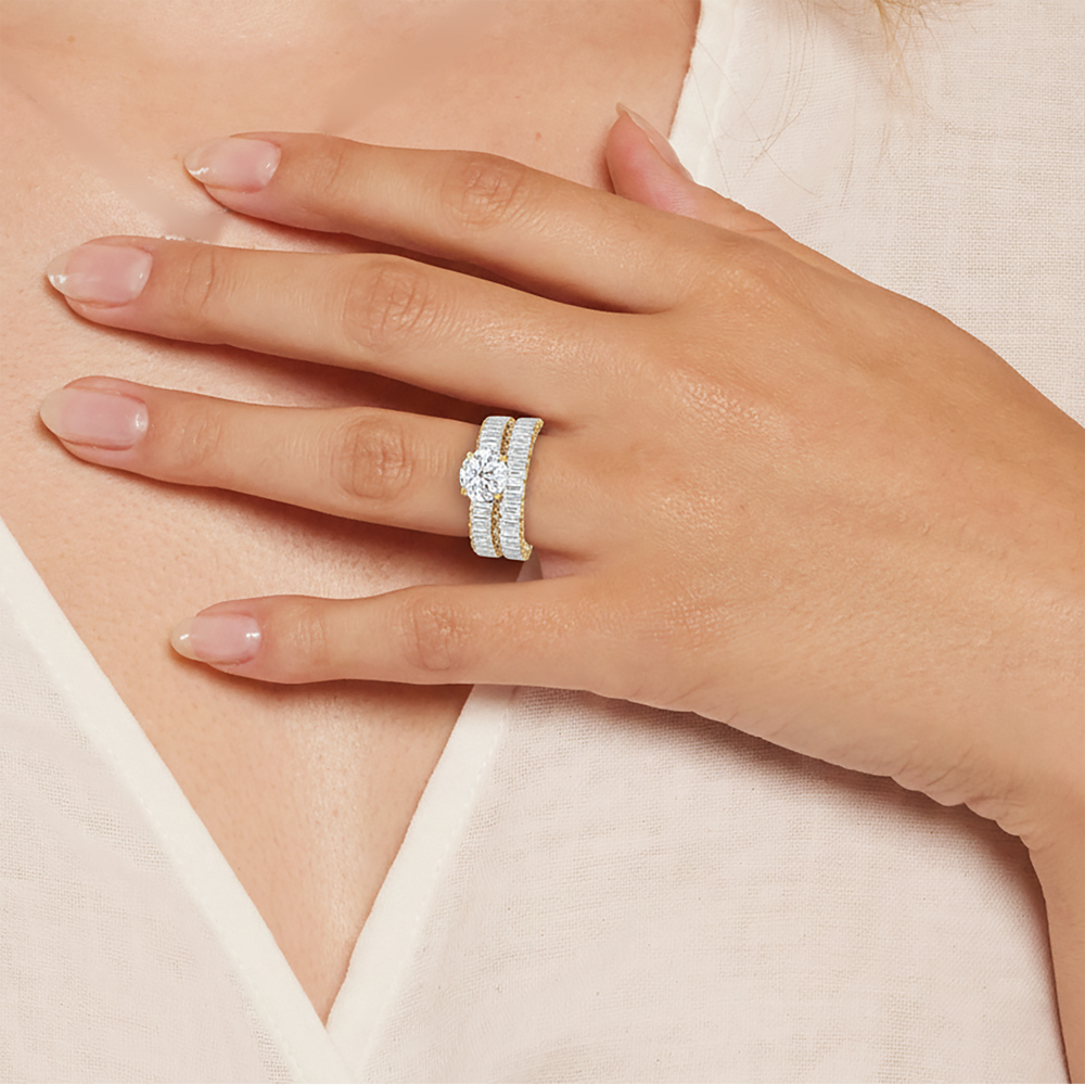 Model Wearing The Roosevelt Emerald Diamond Wedding Band view