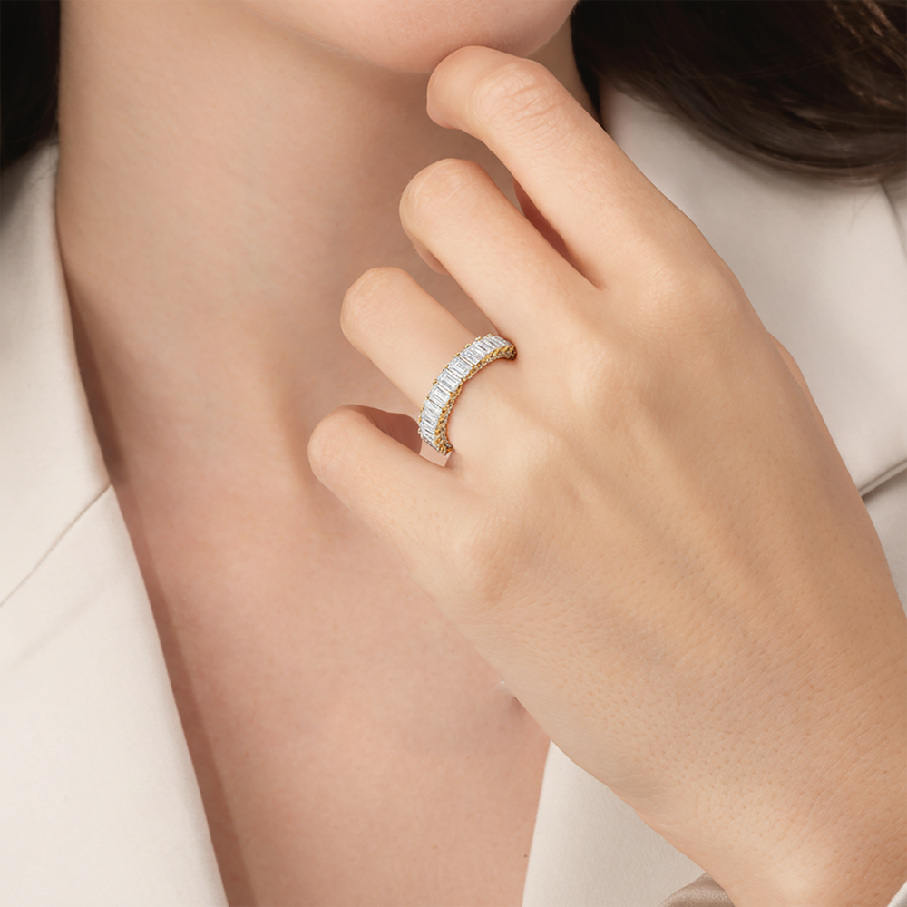 Model Wearing The Roosevelt Emerald Diamond Wedding Band view