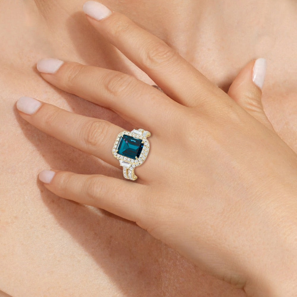 The Nocturne Diamond Wedding Band with Created London Blue Topaz Cut Diamond in 14KT Yellow Gold view 6
