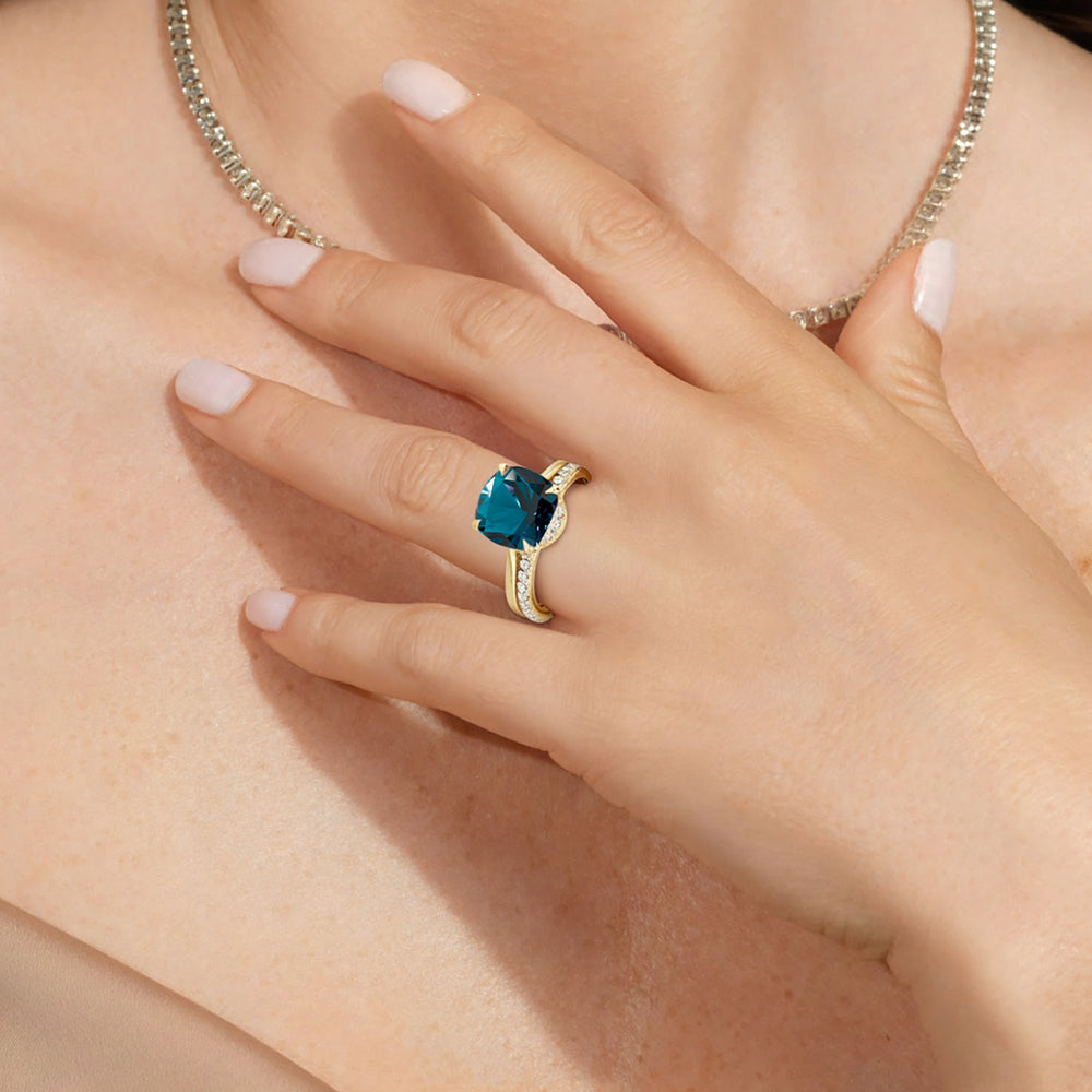 The Verdelle Diamond Wedding Band with Created London Blue Topaz Cut Diamond in 14KT Rose Gold view 6
