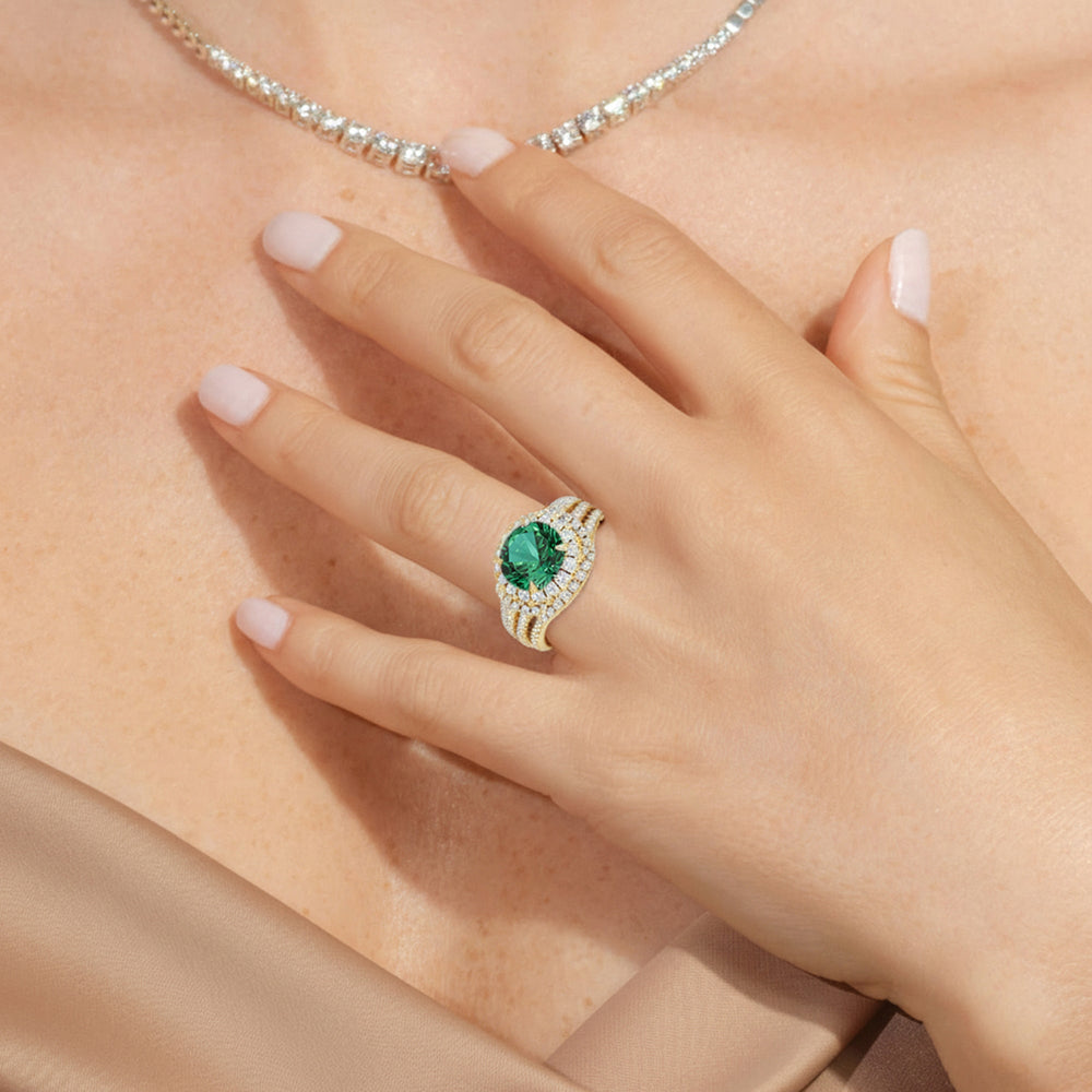 The Azurine Diamond Wedding Band with Created Emerald Cut Diamond in 14KT Yellow Gold view 6
