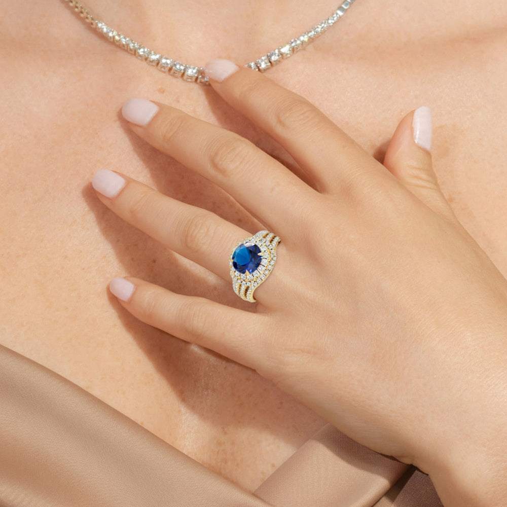 The Azurine Diamond Wedding Band with Created Blue Sapphire Cut Diamond in 14KT Yellow Gold view 6
