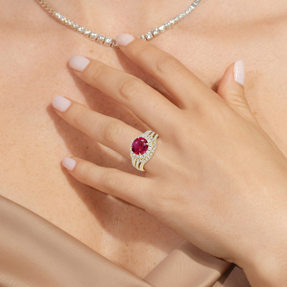 The Azurine Diamond Wedding Band with Created Ruby Cut Diamond in 14KT Yellow Gold view 6
