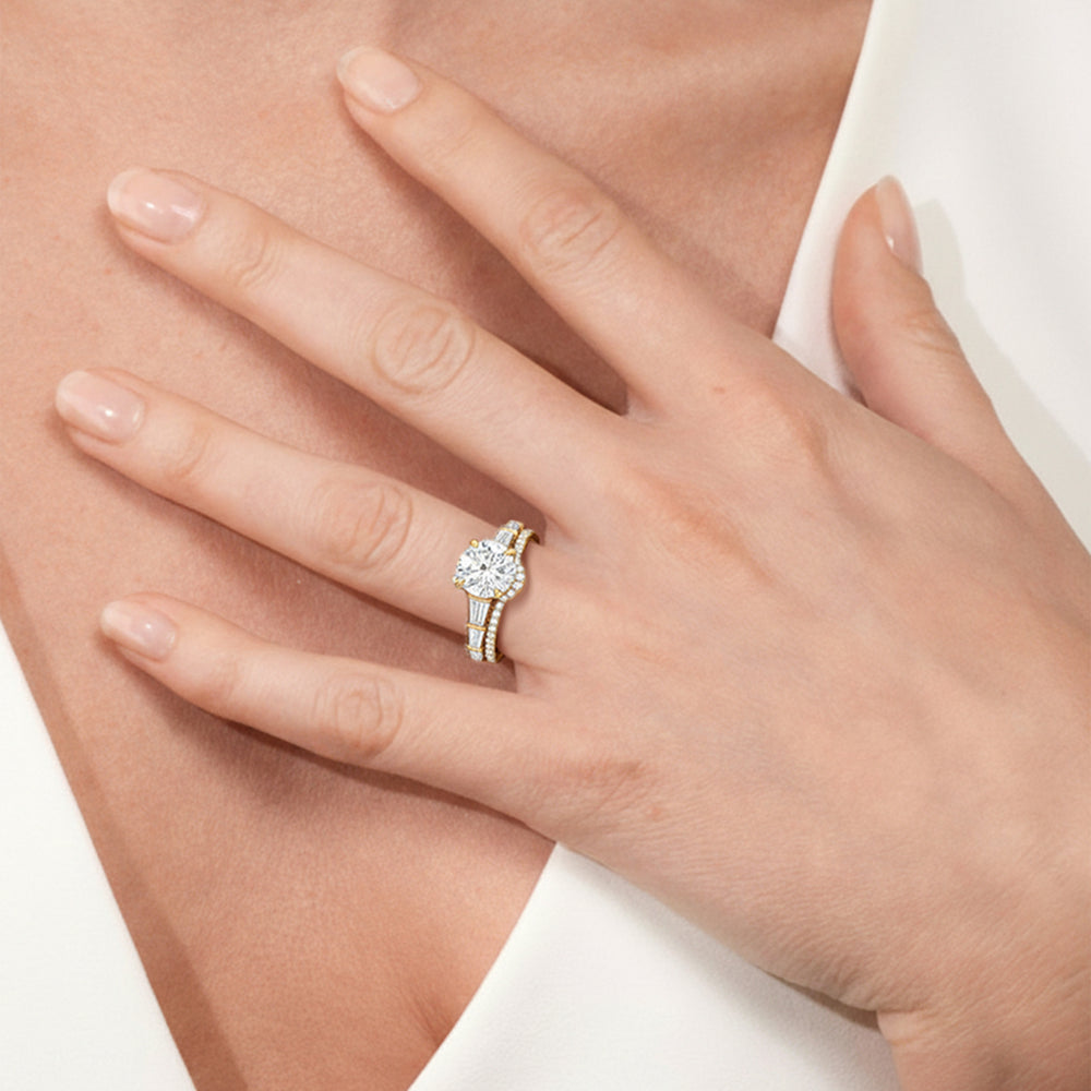 Model Wearing The Genevieve Diamond Wedding Band view