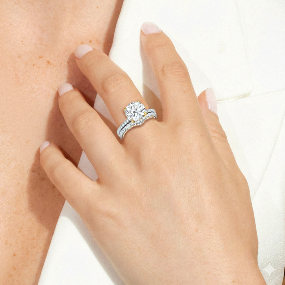 Model Wearing The Cooper Diamond Wedding Band view