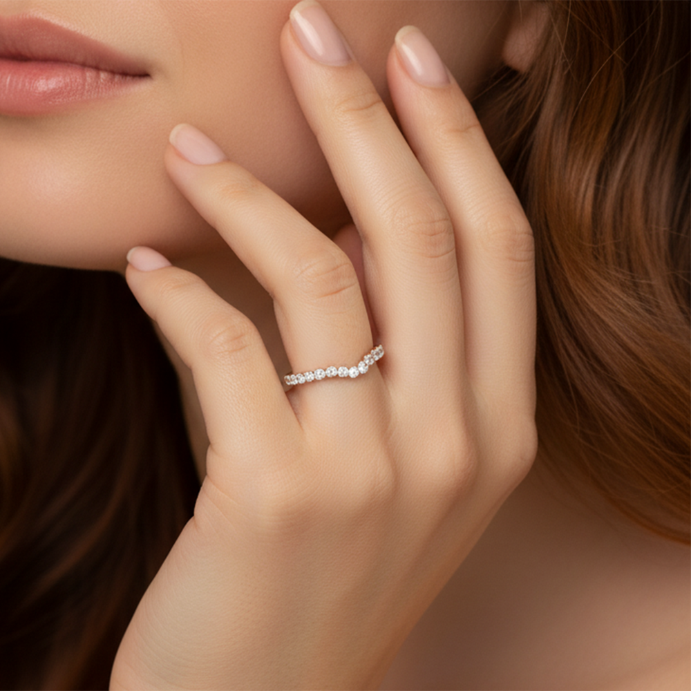 Model Wearing The Tulip Lightline Diamond Wedding Band view
