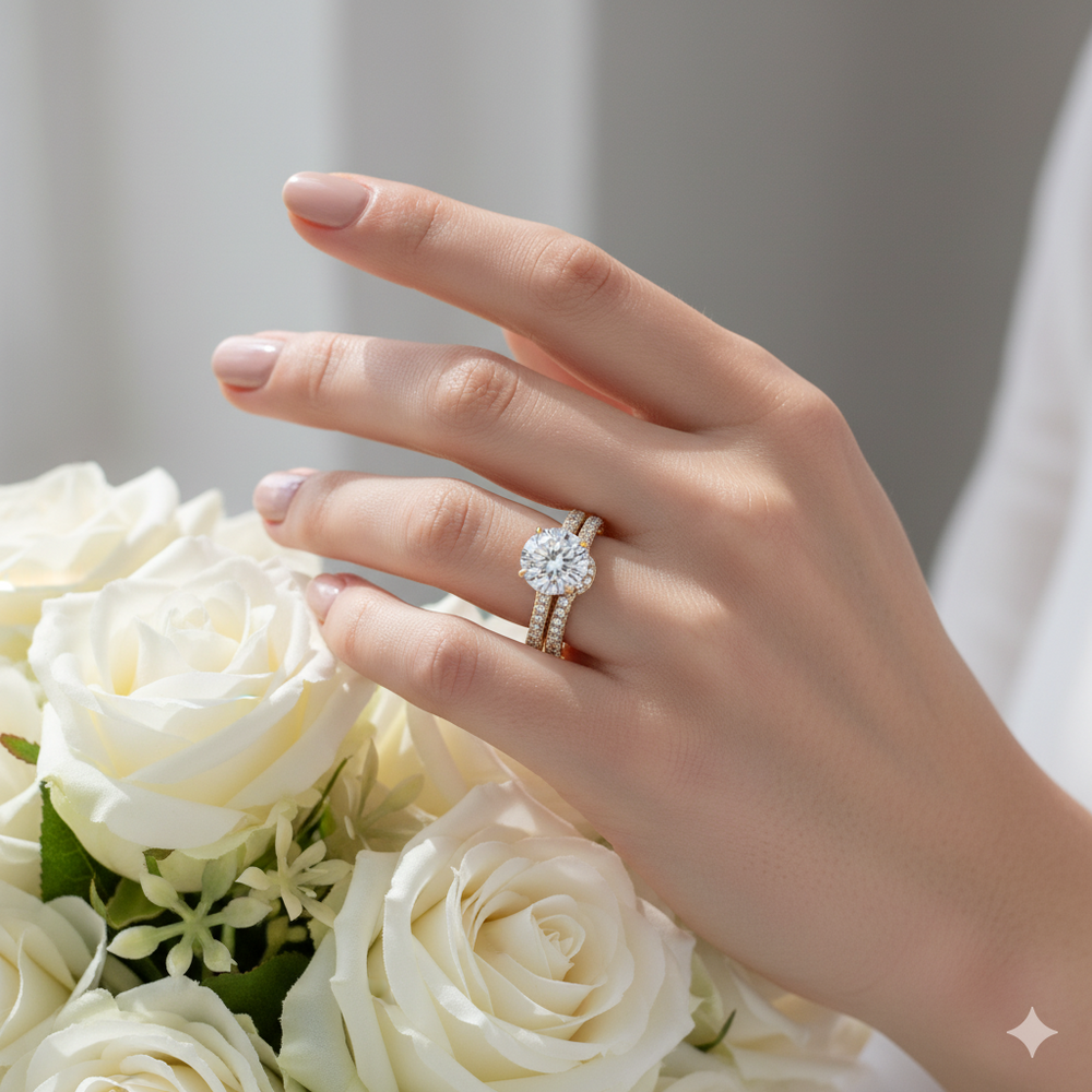 Model Wearing The Tulip Velvet Diamond Wedding Band view