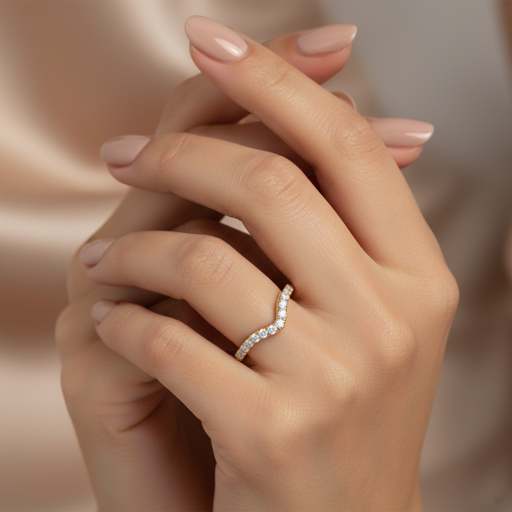 Model Wearing The Tulip Grande Diamond Wedding Band view