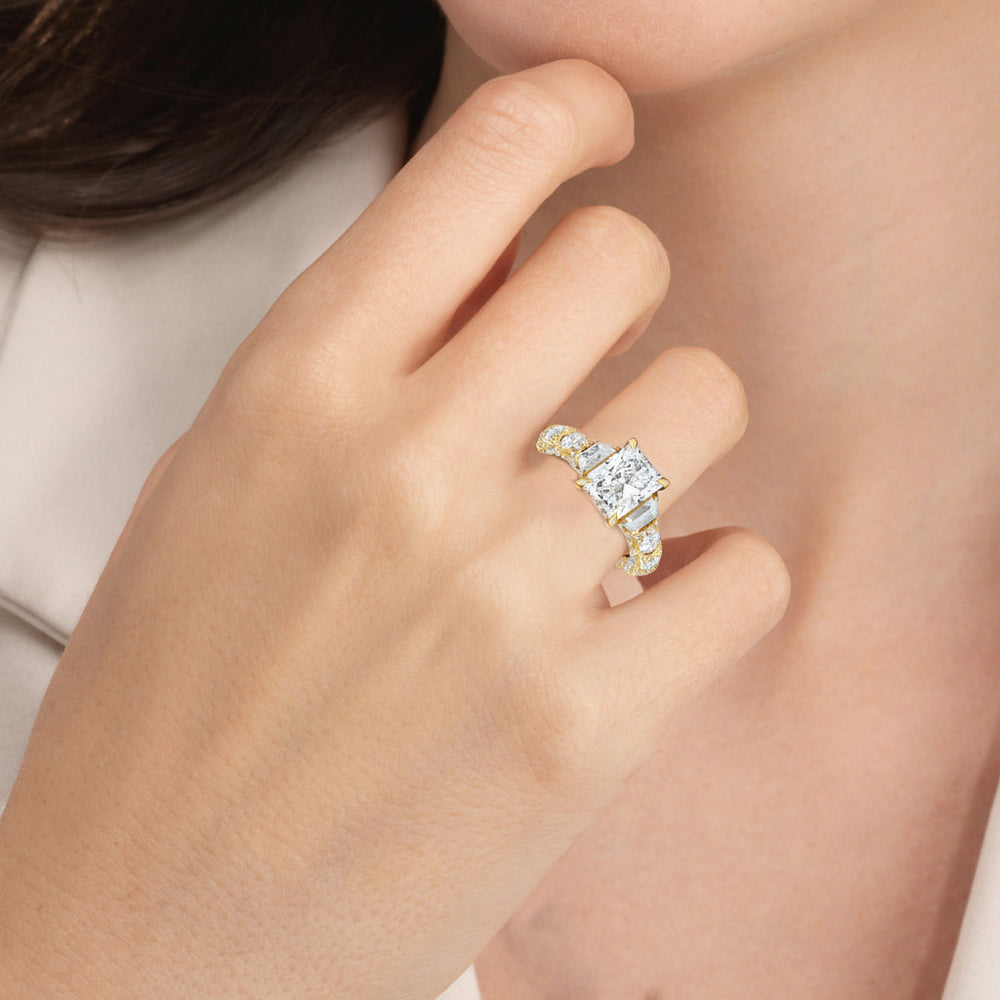 Model Wearing The Fulton Three Stone Trapezoid Ring view