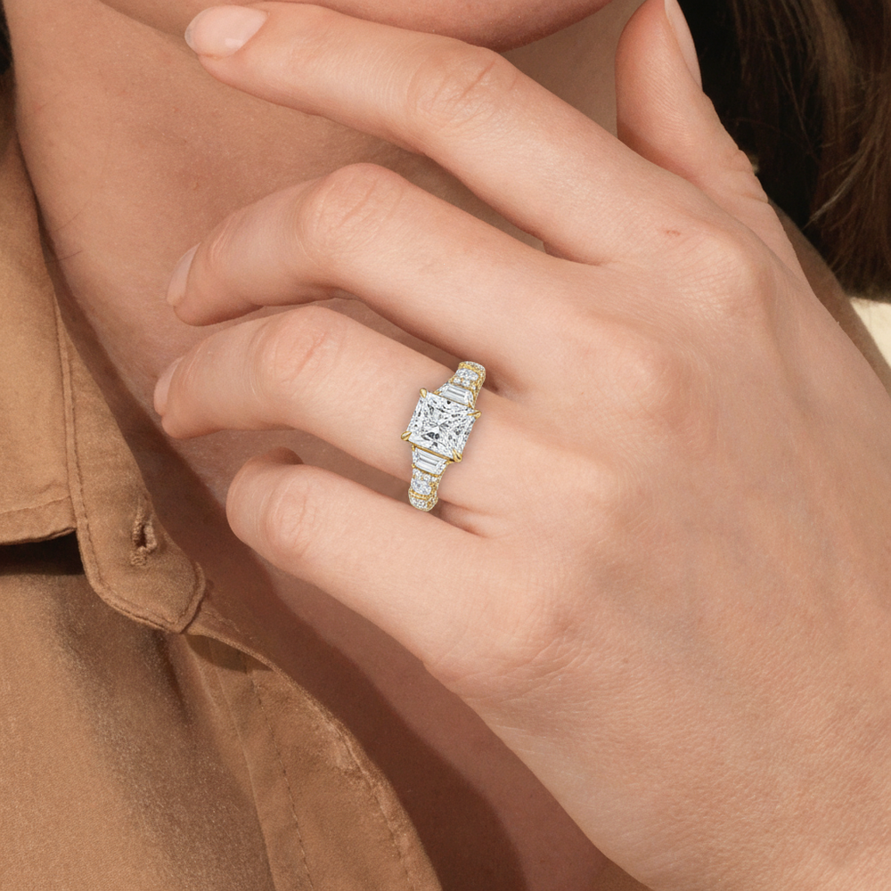Model Wearing The Fulton Three Stone Trapezoid Ring view