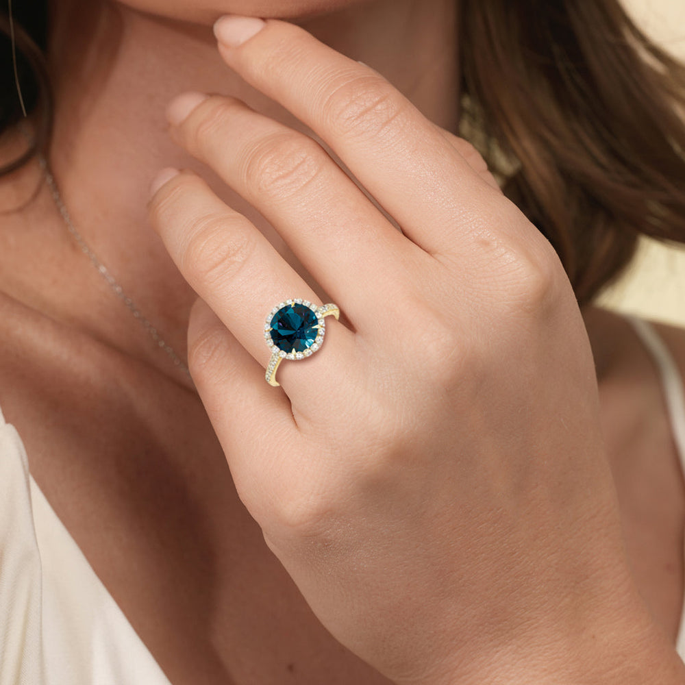 The Rosalune Ring with Created London Blue Topaz Cut Diamond in 14KT Yellow Gold view 5
