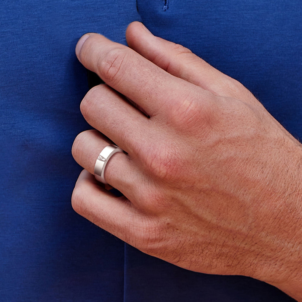 Model Wearing Tapered Baguette Solitaire Men's Ring view