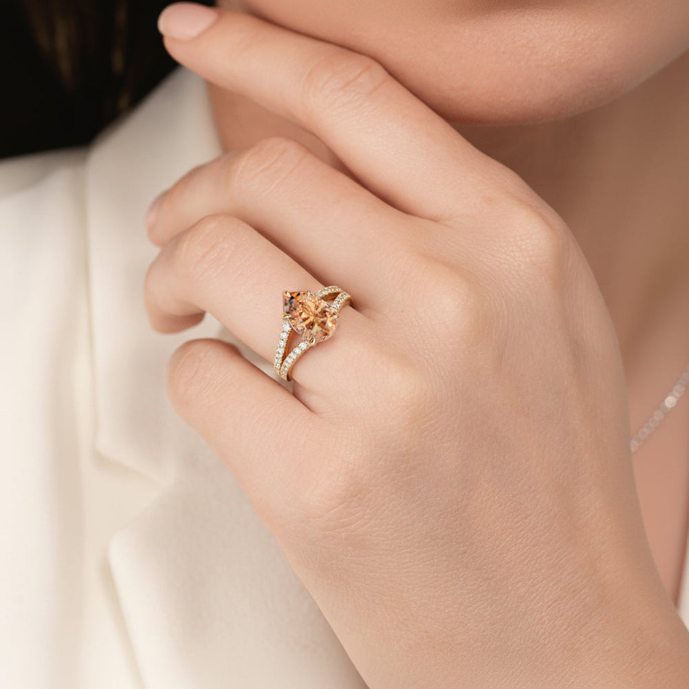 The Celestia Ring with Created Morganite Cut Diamond in 14KT Yellow Gold view 6
