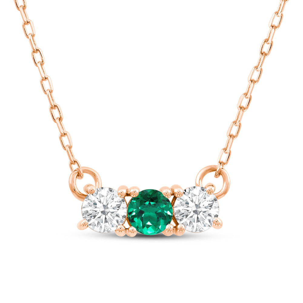 Emerald and Diamond Dainty Three Stone Necklace with 14KT Rose Gold Cut Diamond in 14KT Rose Gold view 2

