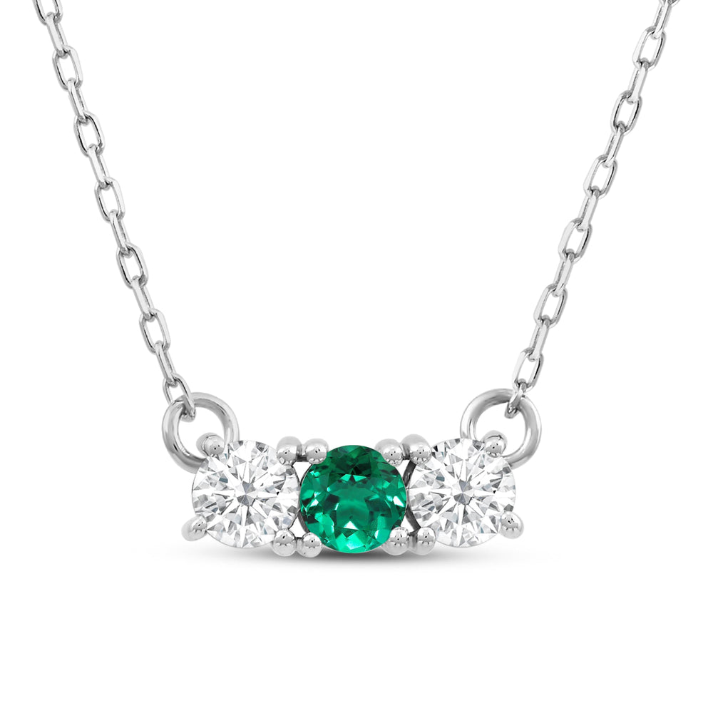 Emerald and Diamond Dainty Three Stone Necklace with 14KT White Gold Cut Diamond in 14KT White Gold view 2
