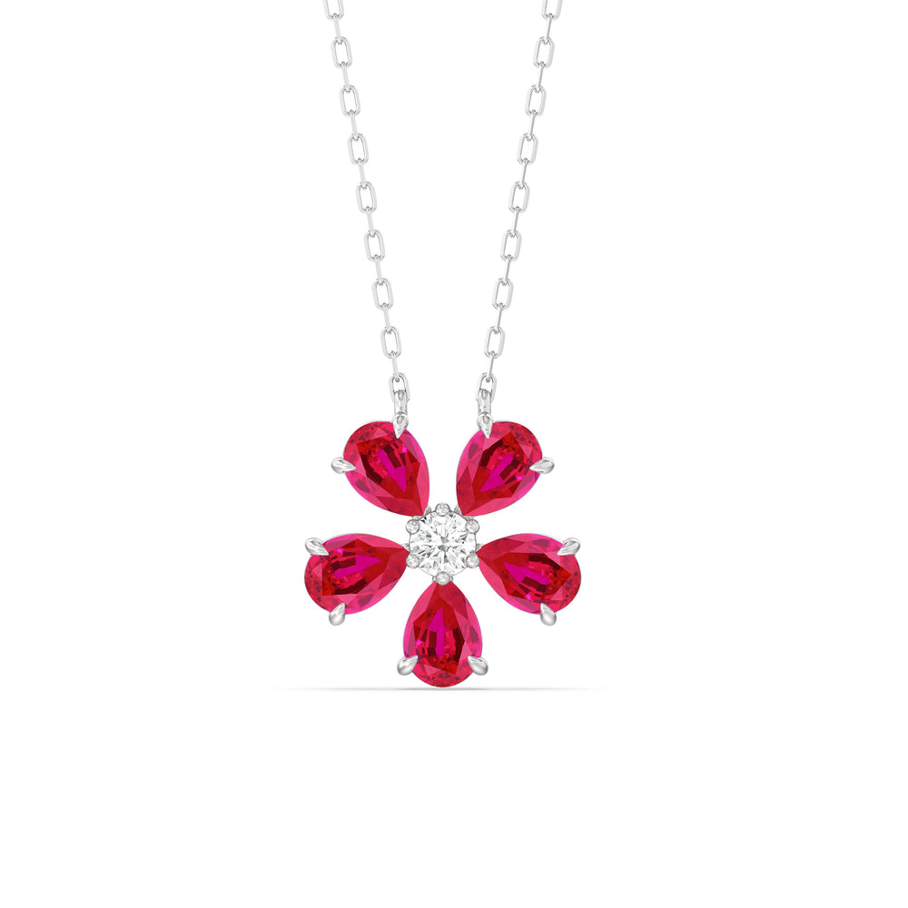 Ruby and Diamond Daisy Necklace with 14KT White Gold Cut Diamond in 14KT White Gold view 1

