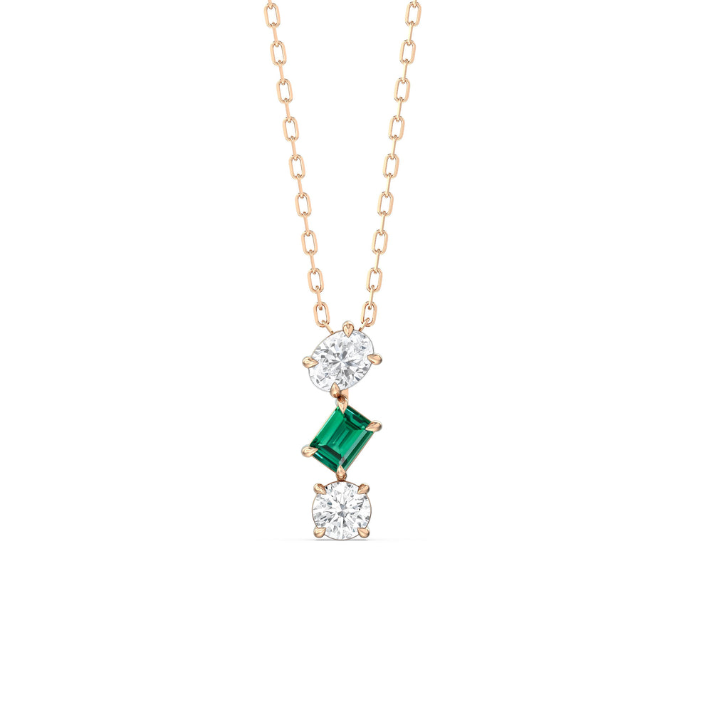 Emerald and Diamond Sleek Sparkle Necklace with 14KT Rose Gold Cut Diamond in 14KT Rose Gold view 1
