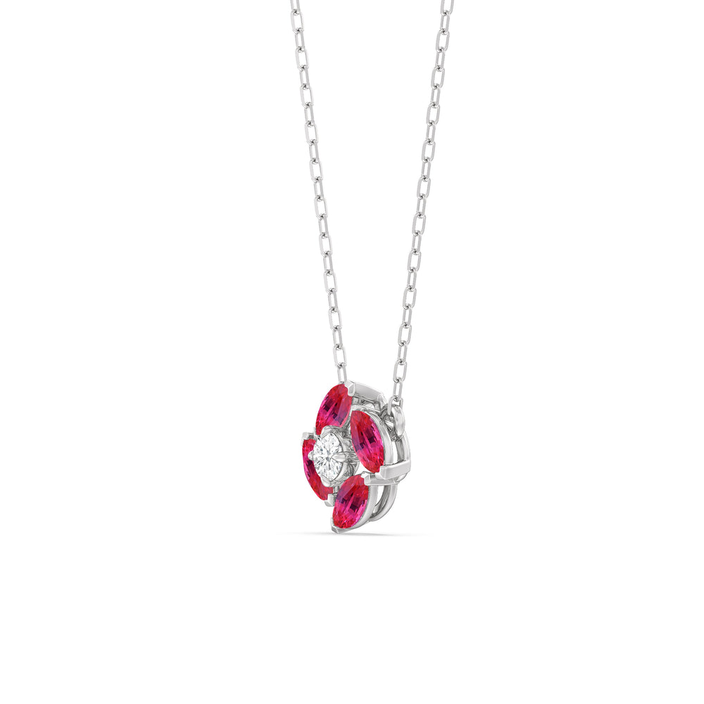 Ruby and Diamond Hydrangea Necklace with 14KT White Gold Cut Diamond in 14KT White Gold view 2
