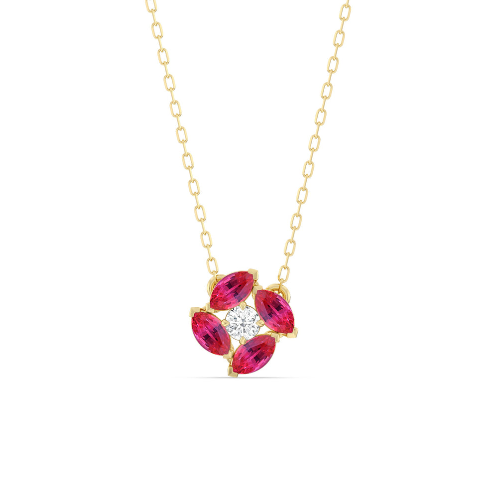 Ruby and Diamond Hydrangea Necklace with 14KT Yellow Gold Cut Diamond in 14KT Yellow Gold view 1
