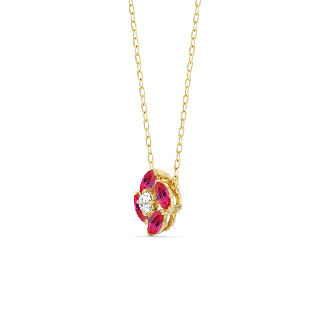 Ruby and Diamond Hydrangea Necklace with 14KT Yellow Gold Cut Diamond in 14KT Yellow Gold view 2
