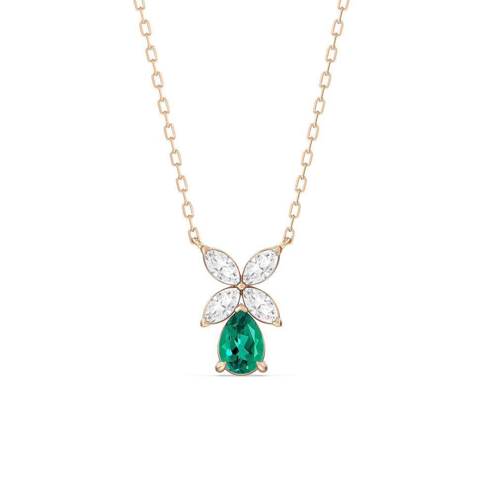 Emerald and Diamond Tulip Drop Necklace with 14KT Rose Gold Cut Diamond in 14KT Rose Gold view 1
