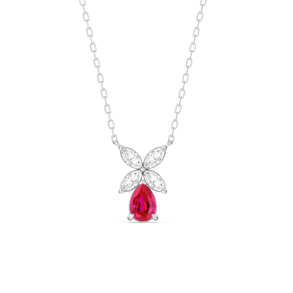 Ruby and Diamond Tulip Drop Necklace with 14KT White Gold Cut Diamond in 14KT White Gold view 1
