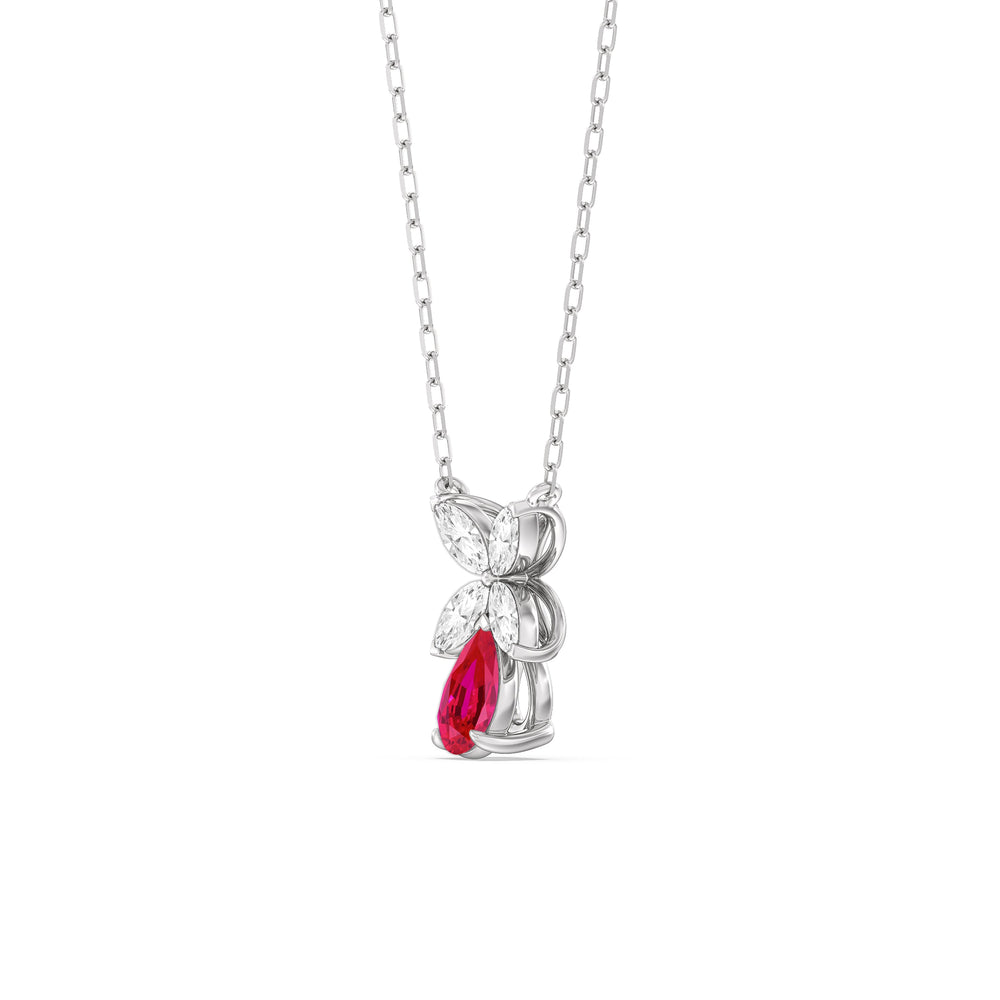 Ruby and Diamond Tulip Drop Necklace with 14KT White Gold Cut Diamond in 14KT White Gold view 2
