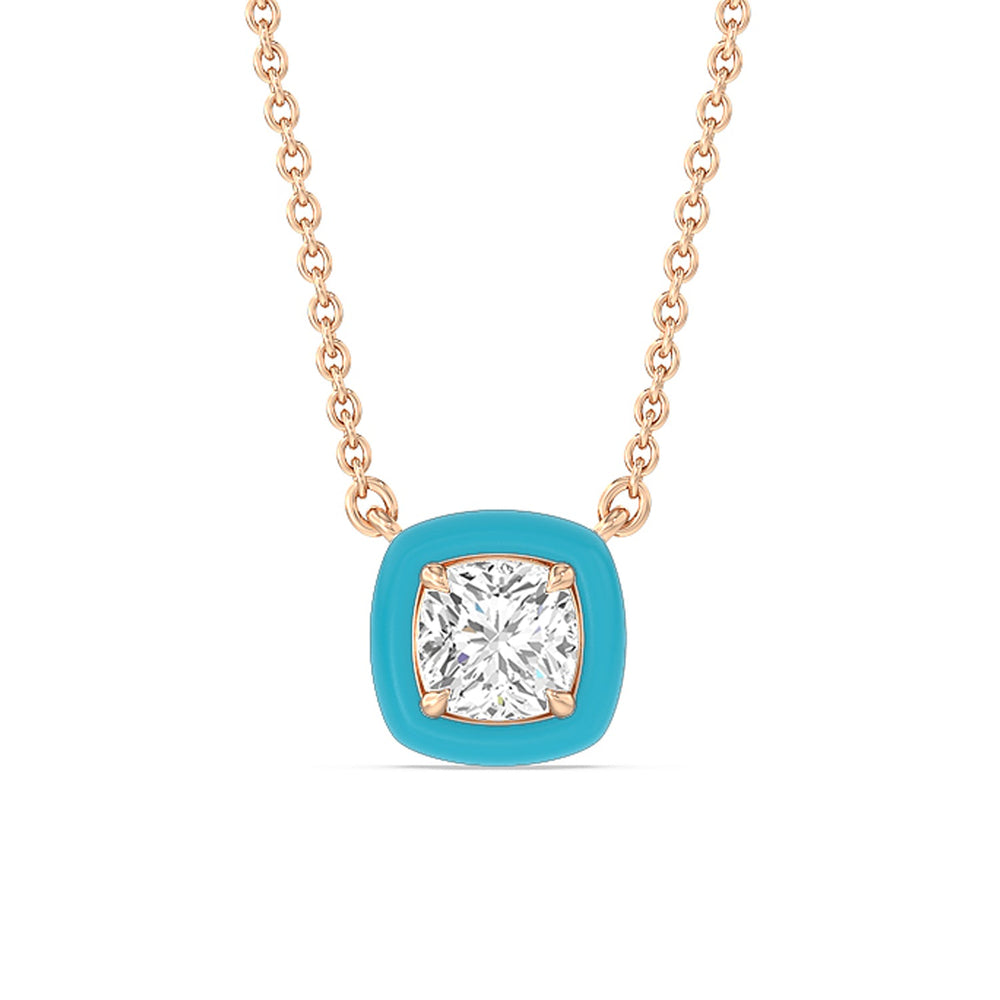 Classic Cushion Bezel Necklace in Ceramic with 14KT Rose Gold / Aqua / 1 Cut Diamond in 14KT Rose Gold / Aqua / 1 view 1
