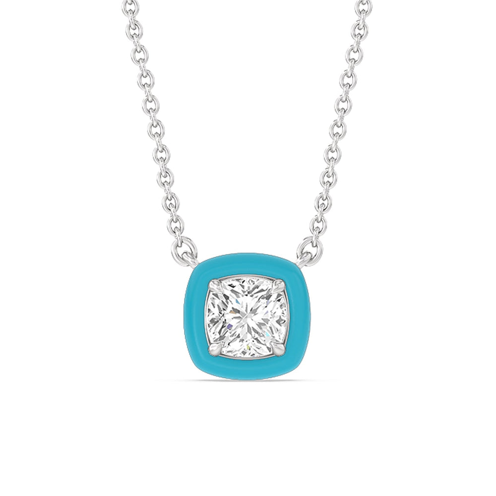 Classic Cushion Bezel Necklace in Ceramic with 14KT White Gold / Aqua / 1 Cut Diamond in 14KT White Gold / Aqua / 1 view 1

